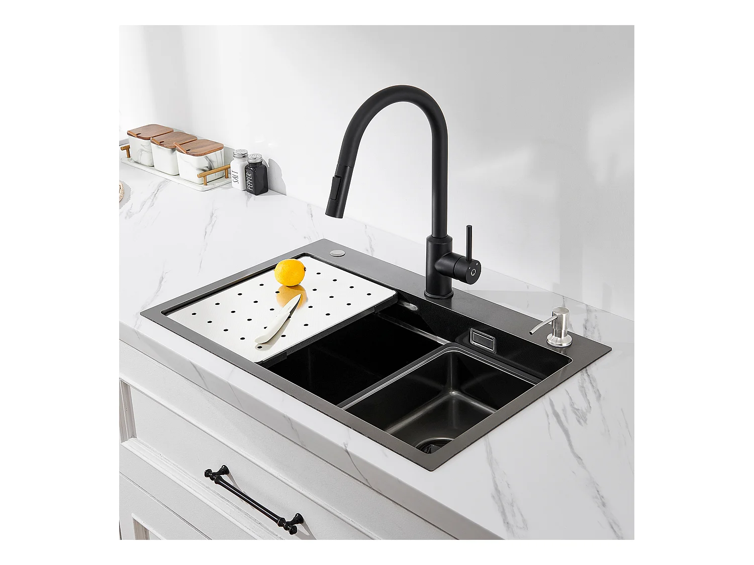 Évier de Cuisine 1 Cuve 70×45×21.5 cm + Egouttoir + Vasque + Distributeur de Savon, CECIPA MAX Noir Évier 1 Bac Évier Inox Grande Capacité