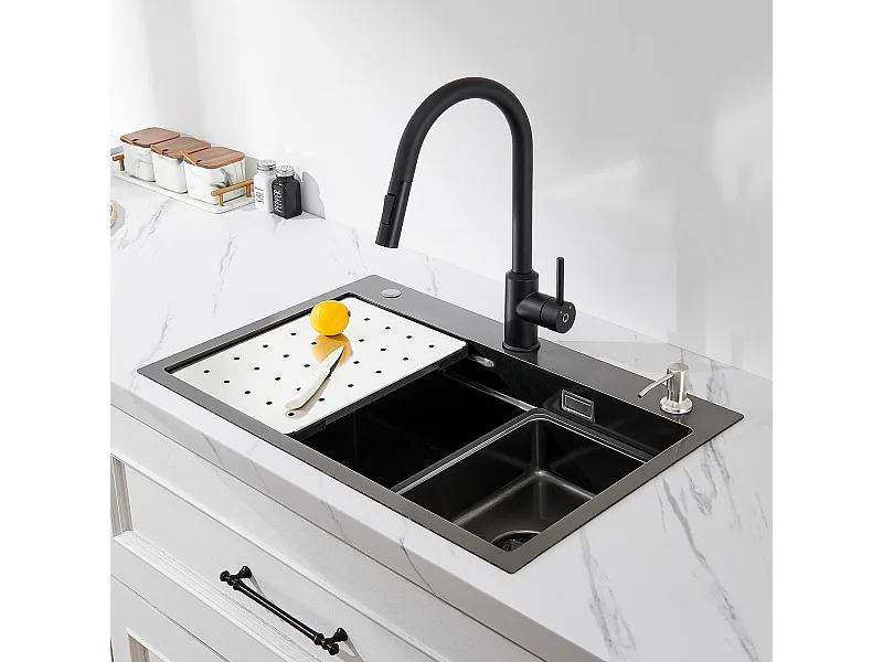Évier de Cuisine 1 Cuve 70×45×21.5 cm + Egouttoir + Vasque + Distributeur de Savon, CECIPA MAX Noir Évier 1 Bac Évier Inox Grande Capacité