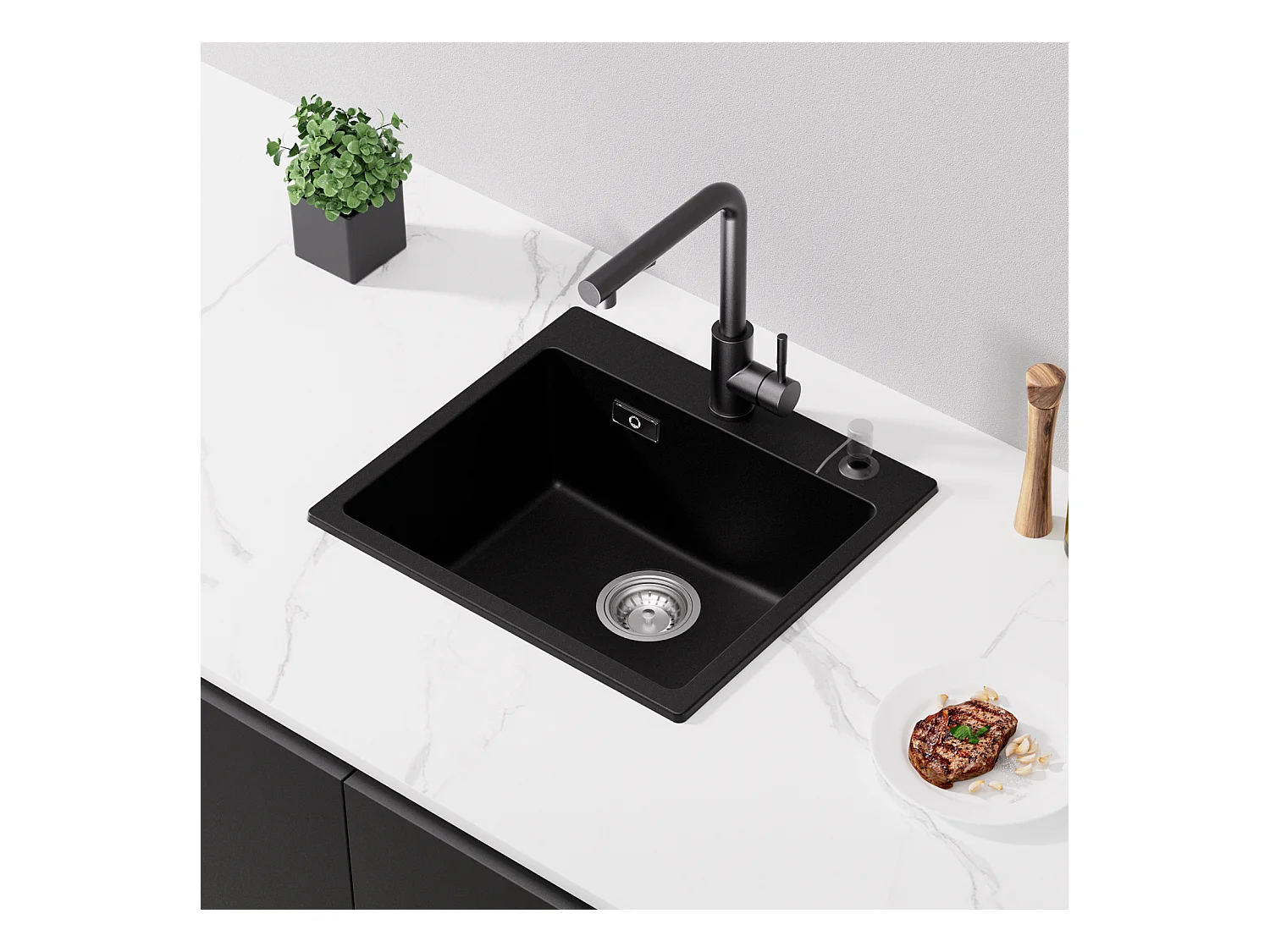Cecipa MAX Evier 1 Bac 50x45cm Evier de Cuisine en Quartz et Résine Evier à Encastrer 1 cuve Sans Distributeur de Savon