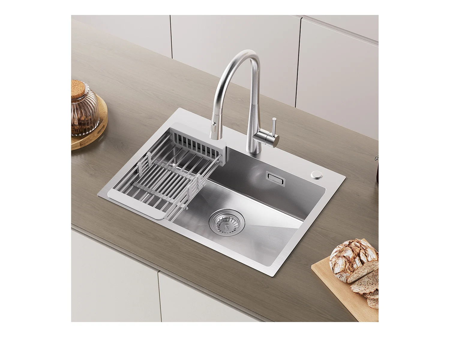 Cecipa MAX Évier Cuisine 1 Bac 60×45×18CM Évier Cuisine Acier Inoxydable 304 Brossé avec Panier de Drainage