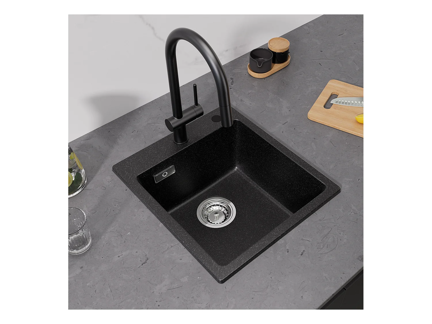 Cecipa MAX 40x45cm Evier de Cuisine en Quartz et Résine Evier 1 Bac à Encastrer Evier de Cuisine 1 cuve Sans Distributeur de Savon Noir