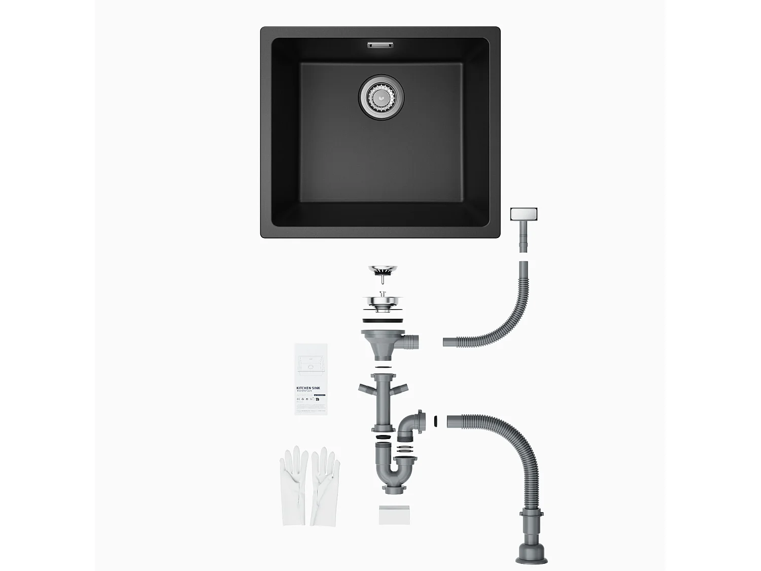 CECIPA MAX Evier 1 Bac en Quartz et Résine, Evier de Cuisine en Granit Noir Gris, Evier Quartz 3 Options de Montage, 50*44*20cm