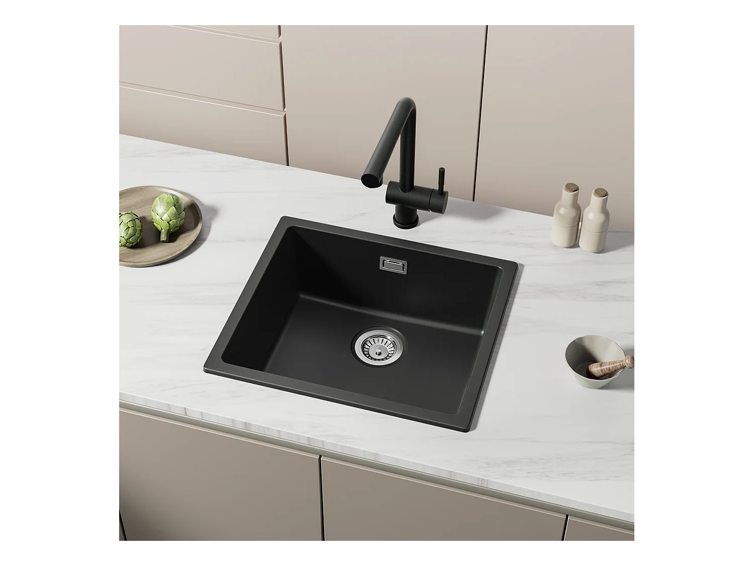 CECIPA MAX Evier 1 Bac en Quartz et Résine, Evier de Cuisine en Granit Noir Gris, Evier Quartz 3 Options de Montage, 50*44*20cm