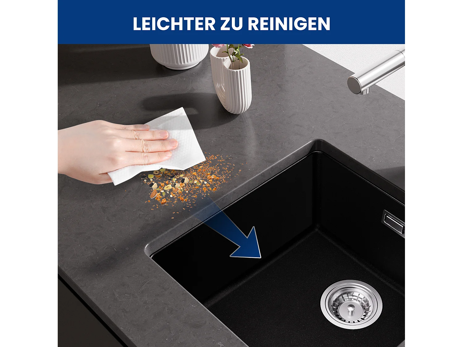 CECIPA MAX Evier 1 Bac en Quartz et Résine, Evier de Cuisine en Granit Noir Gris, Evier Quartz 3 Options de Montage, 45*44*20cm