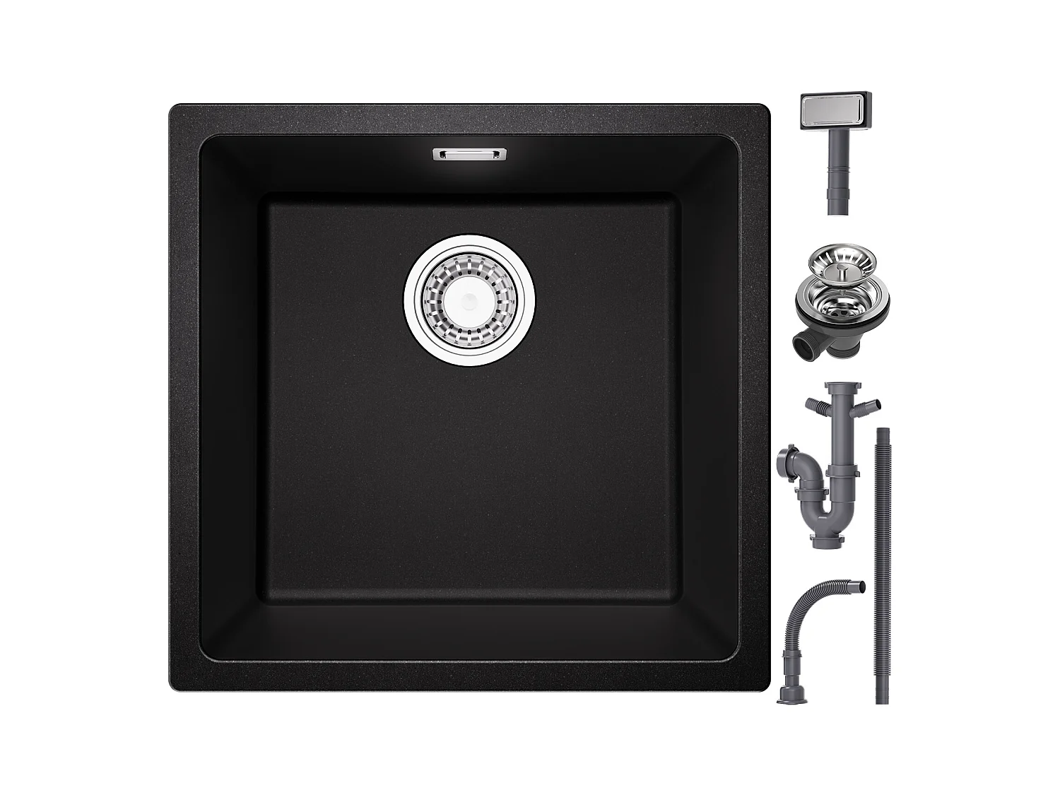 CECIPA MAX Evier 1 Bac en Quartz et Résine, Evier de Cuisine en Granit Noir Gris, Evier Quartz 3 Options de Montage, 45*44*20cm