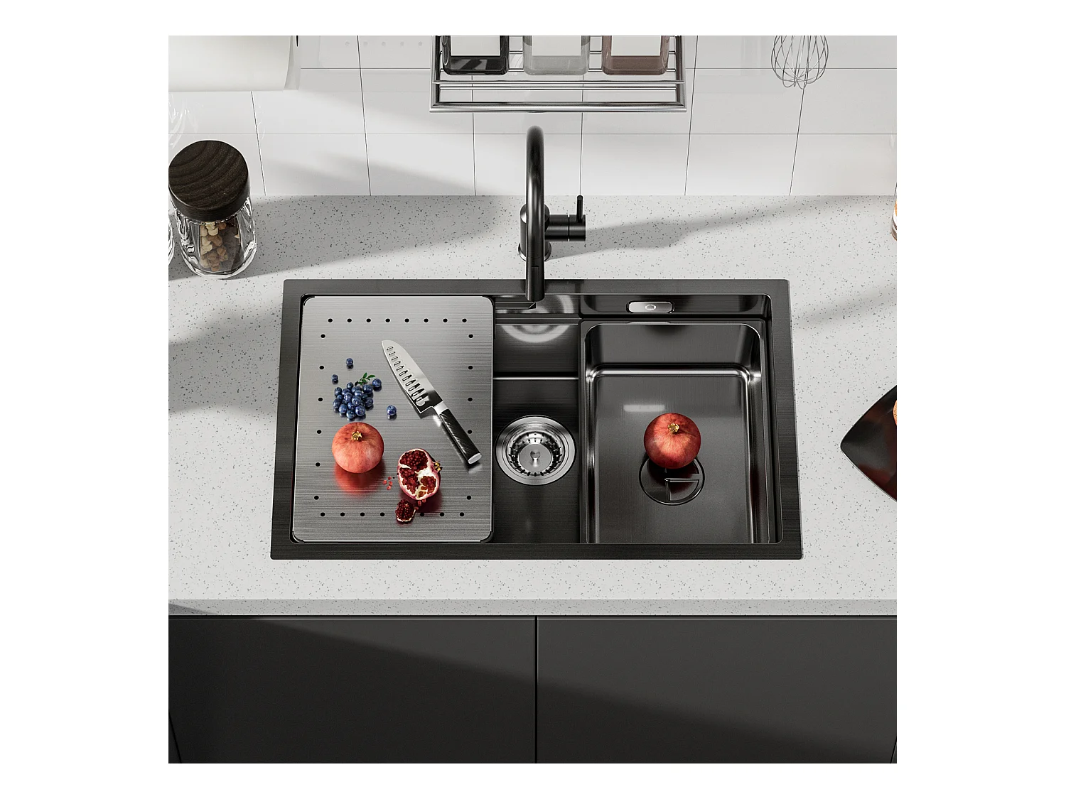 Cecipa MAX Évier Cuisine 1 Bac 70×44×21CM Évier à Encastrer Noir avec Egouttoir et Vasque