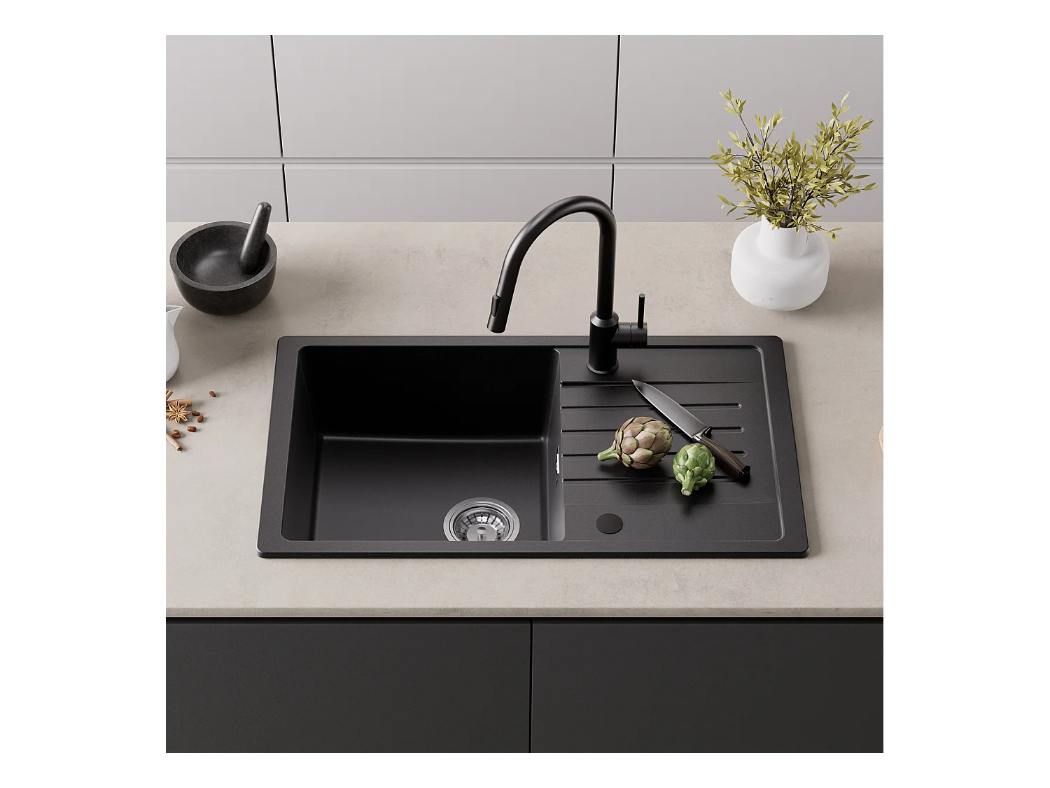 Cecipa MAX Evier 1 Bac en Quartz et Résine - Evier à encastrer avec Egouttoir - 78x45cm Evier 1 Bac Evier de Cuisine en Granit Noir