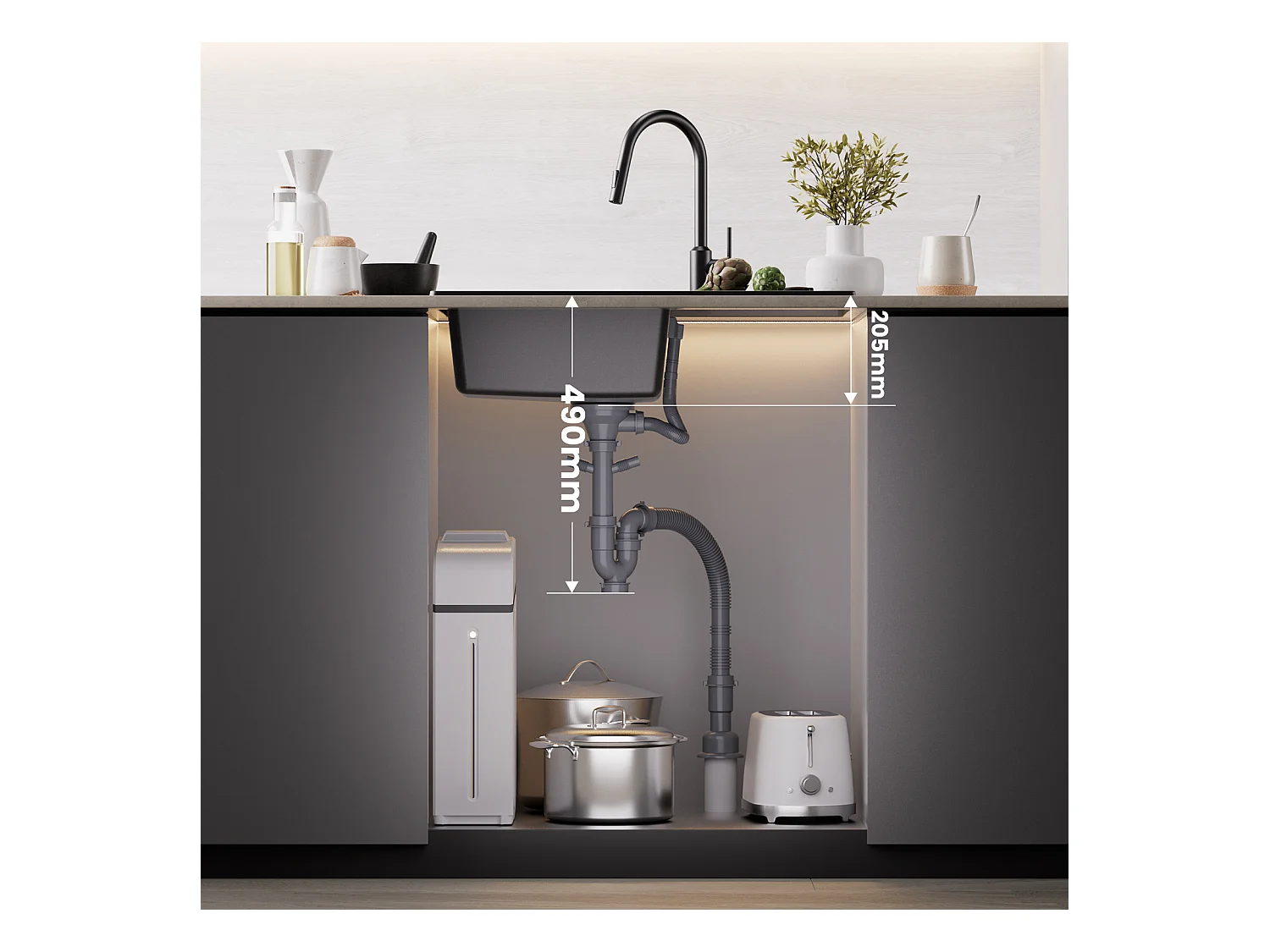 Cecipa MAX Evier 1 Bac en Quartz et Résine - Evier à encastrer avec Egouttoir - 78x45cm Evier 1 Bac Evier de Cuisine en Granit Noir
