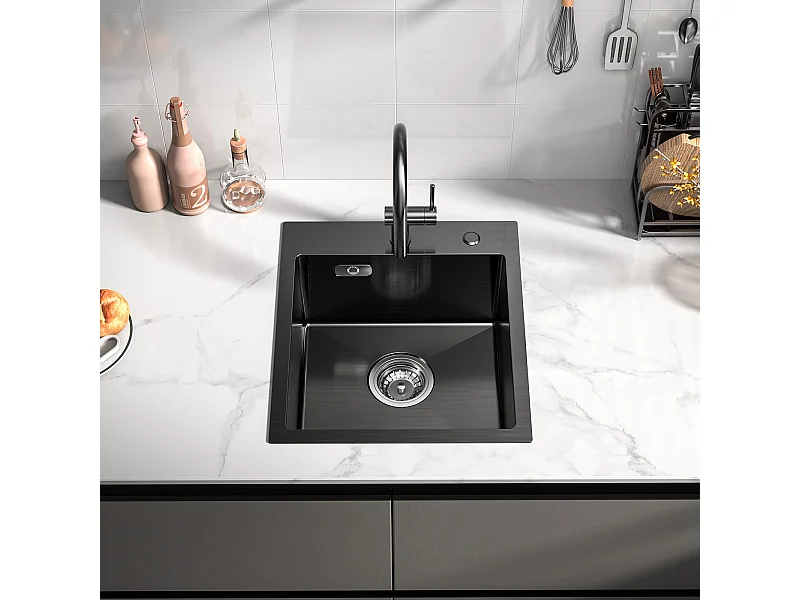 Evier Cuisine 1 Bac Noir Anthracite 40*45*19CM - Évier Inox 1 Cuve avec Siphon et Trop-Plein, Évier de Cuisine Montage à encastrer ou à Fleur de Plan