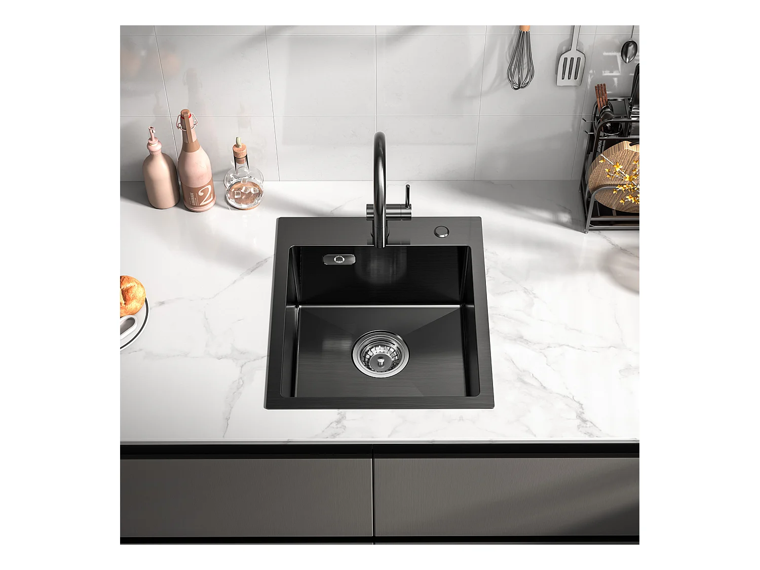 Evier Cuisine 1 Bac Noir Anthracite 40*45*19CM - Évier Inox 1 Cuve avec Siphon et Trop-Plein, Évier de Cuisine Montage à encastrer ou à Fleur de Plan