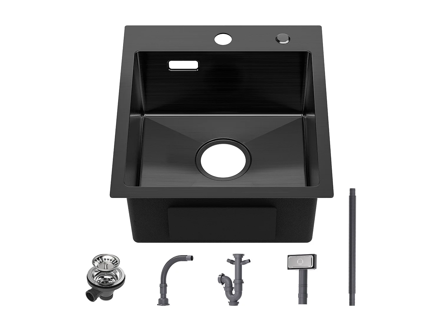 Evier Cuisine 1 Bac Noir Anthracite 40*45*19CM - Évier Inox 1 Cuve avec Siphon et Trop-Plein, Évier de Cuisine Montage à encastrer ou à Fleur de Plan