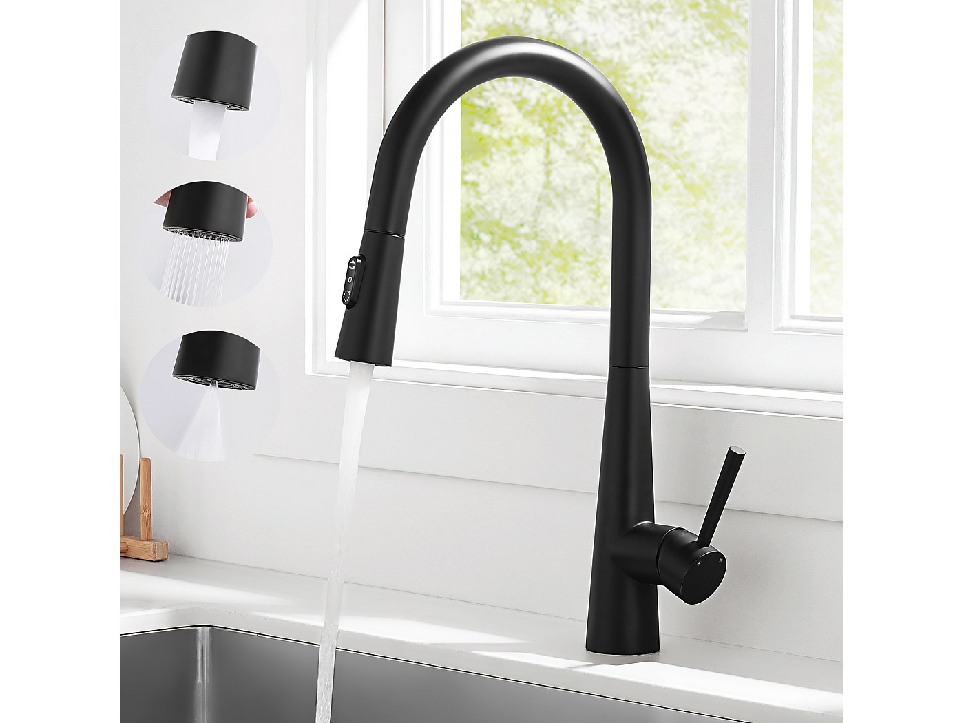 APPASO 3-weg keukenkraan, zwart, 3-in-1 mengkraan voor waterfilter, 360° draaibaar, 2 hendels drinkwaterkraan, roestvrij staal, driewegarmatuur