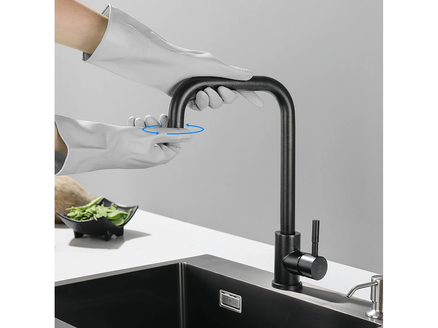 CECIPA MAX Rubinetto da cucina nero perla, miscelatore da cucina monocomando nero opaco, rotazione a 360°, miscelatore da cucina in acciaio inossidabile