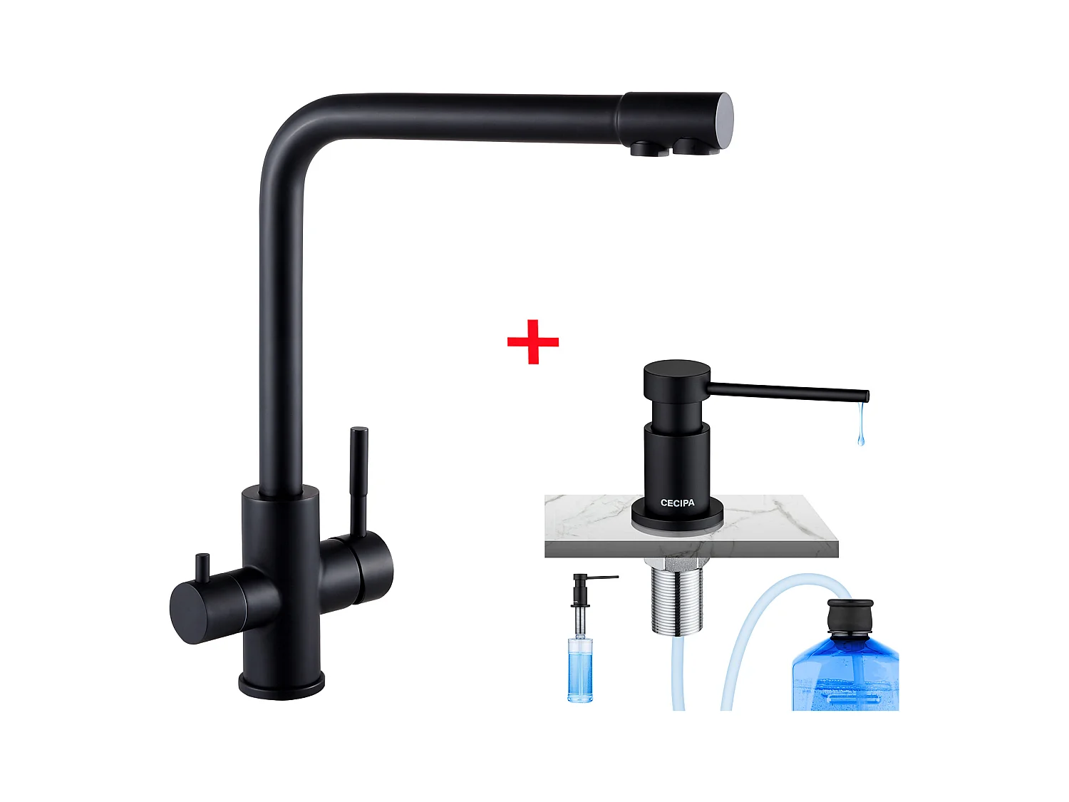 Cecipa max Zwart 3-weg keukenkraan, 3 in 1 keukenmixer voor osmosesysteem + keukenzeepdispenser zwart