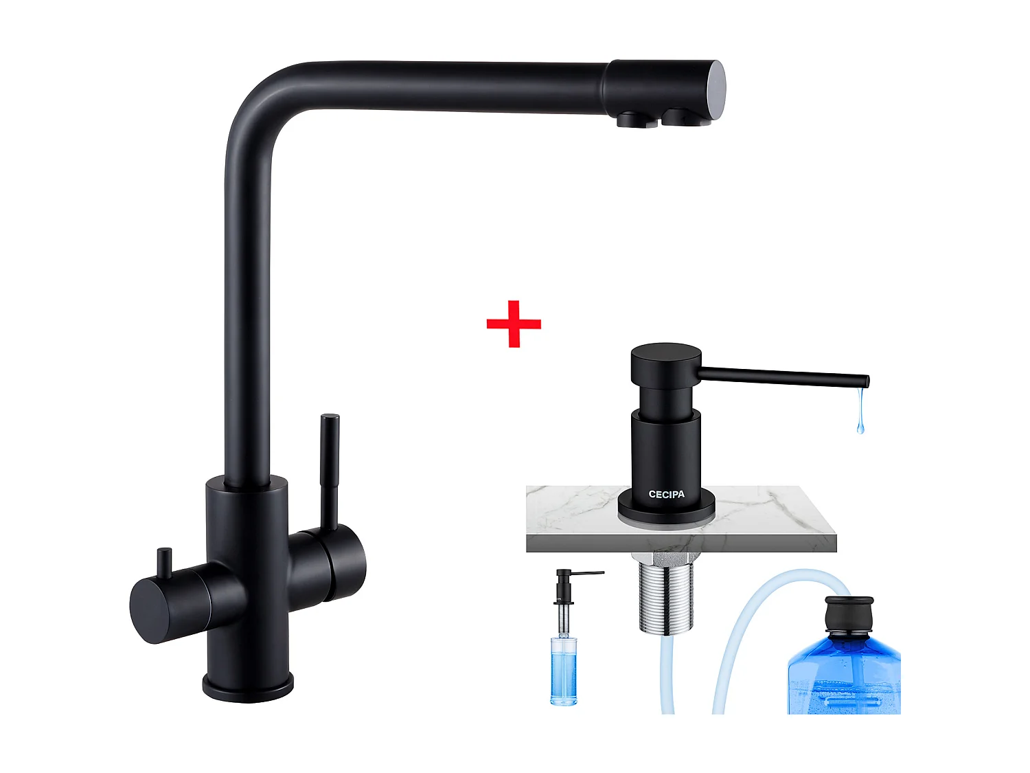 Cecipa max Zwart 3-weg keukenkraan, 3 in 1 keukenmixer voor osmosesysteem + keukenzeepdispenser zwart
