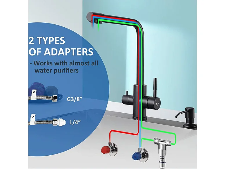 Cecipa max Zwart 3-weg keukenkraan, 3 in 1 keukenmixer voor osmosesysteem + keukenzeepdispenser zwart