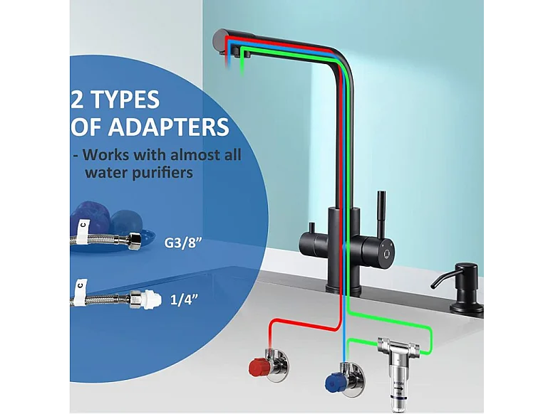 Cecipa max Grifo de Cocina de 3 Vías Negro, Mezclador de Cocina 3 en 1 para Sistema de Ósmosis + Dispensador de Jabón de Cocina Negro