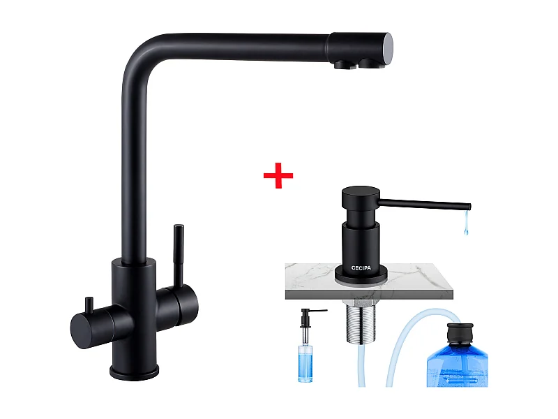 Cecipa max Zwart 3-weg keukenkraan, 3 in 1 keukenmixer voor osmosesysteem + keukenzeepdispenser zwart