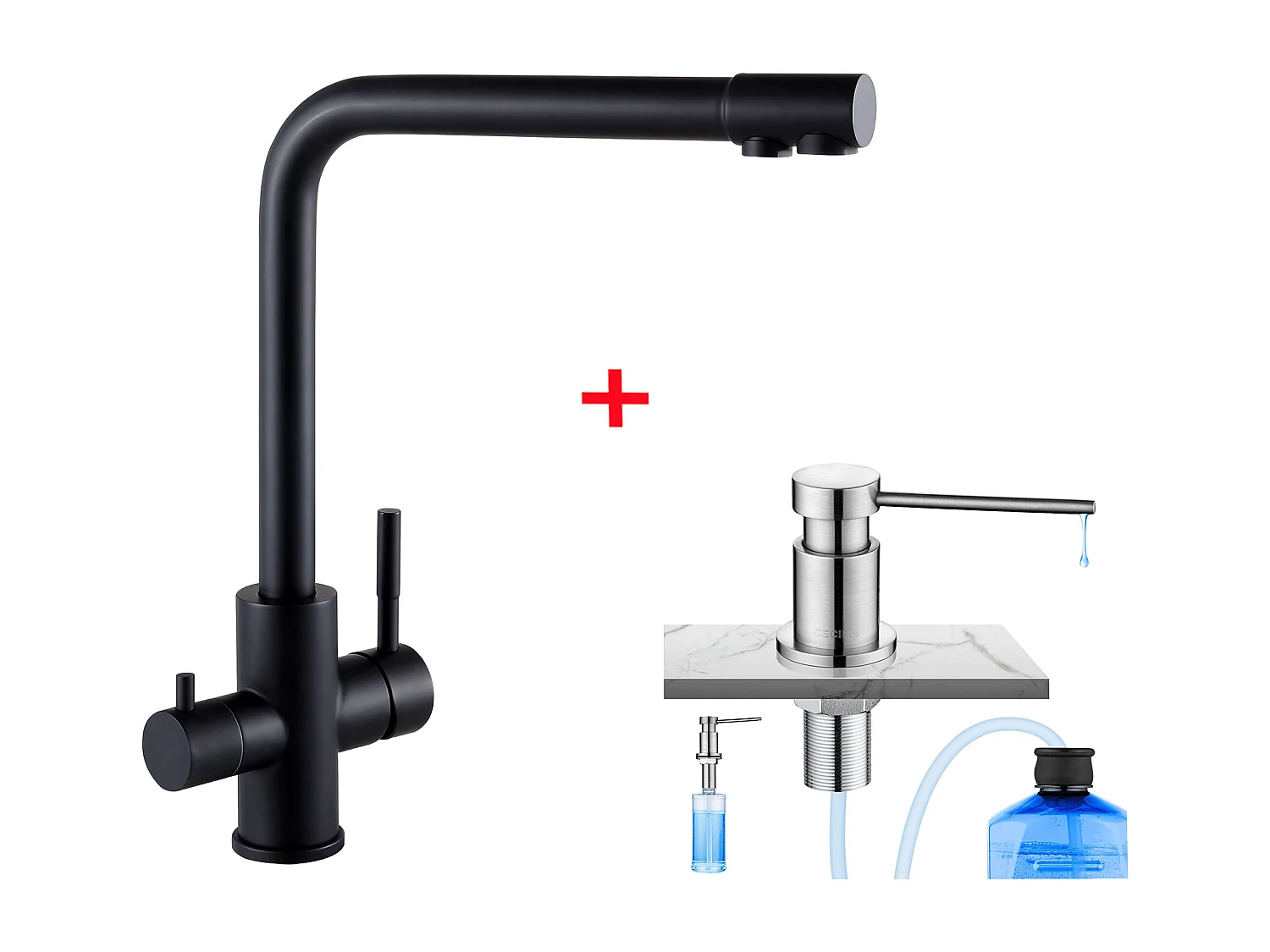 Cecipa max Noir Robinet de Cuisine à 3 Voies, 3 en 1 Mitigeur de Cuisine pour Système D'osmose + Distributeur de Savon de Cuisine Brossée