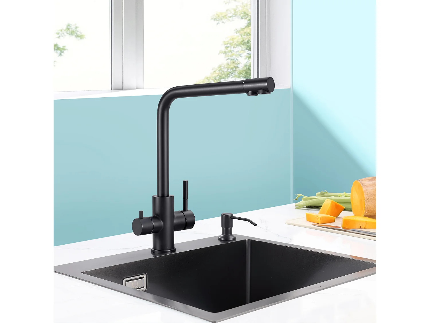 Cecipa max Noir Robinet de Cuisine à 3 Voies, 3 en 1 Mitigeur de Cuisine pour Système D'osmose + Distributeur de Savon de Cuisine Brossée