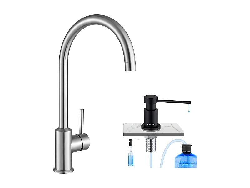 Cecipa max Miscelatore Cucina Monocomando, Rubinetto per Lavello in Acciaio Inox Spazzolato, Rubinetto Girevole a 360° + Dispenser Sapone da Cucina Nero