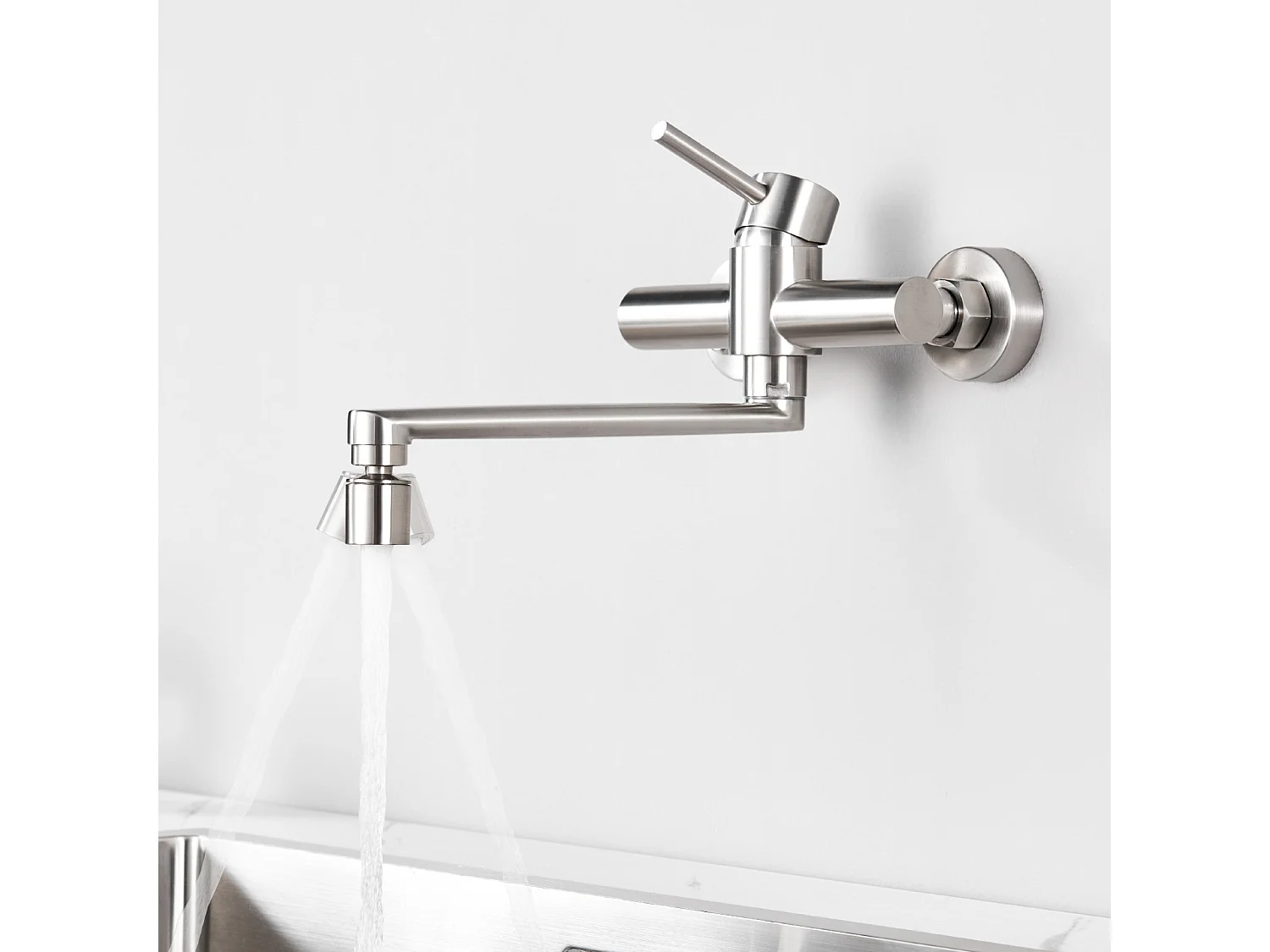 Cecipa max Miscelatore Cucina a Parete Spazzolato, Rubinetto Lavabo a Parete con 2 Getti, Miscelatore Cucina Girevole a 360°, Modello EU