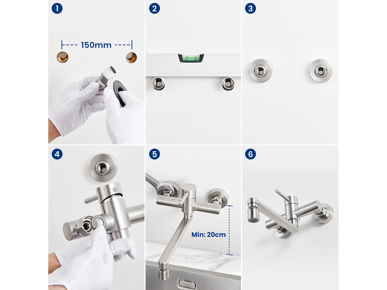 Cecipa max Miscelatore Cucina a Parete Spazzolato, Rubinetto Lavabo a Parete con 2 Getti, Miscelatore Cucina Girevole a 360°, Modello EU