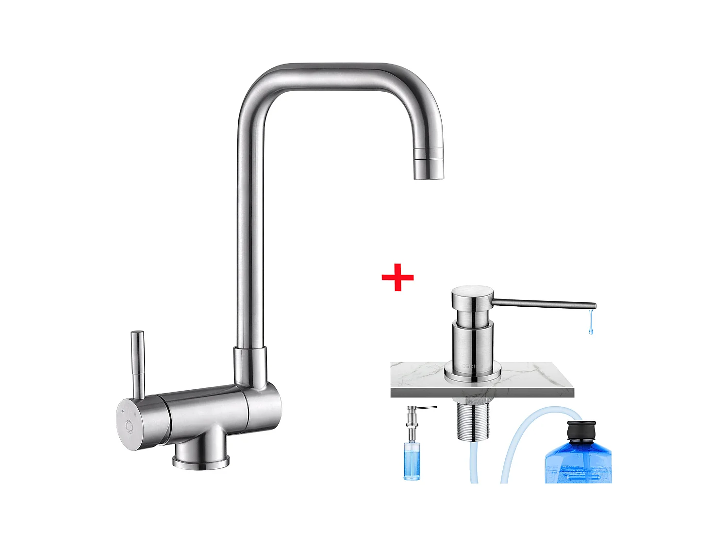Cecipa max Robinet de Cuisine Rabattable 2 Jets aux Choix, Mitigeur Evier Repliable devant Fenêtre + Distributeur de Savon de Cuisine Brossée