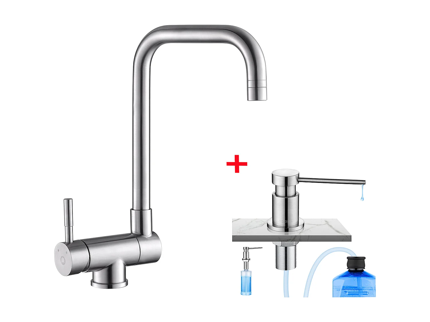 Cecipa max Robinet de Cuisine Rabattable 2 Jets aux Choix, Mitigeur Evier Repliable devant Fenêtre + Distributeur de Savon de Cuisine Brossée