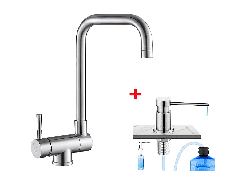 Cecipa max Robinet de Cuisine Rabattable 2 Jets aux Choix, Mitigeur Evier Repliable devant Fenêtre + Distributeur de Savon de Cuisine Brossée