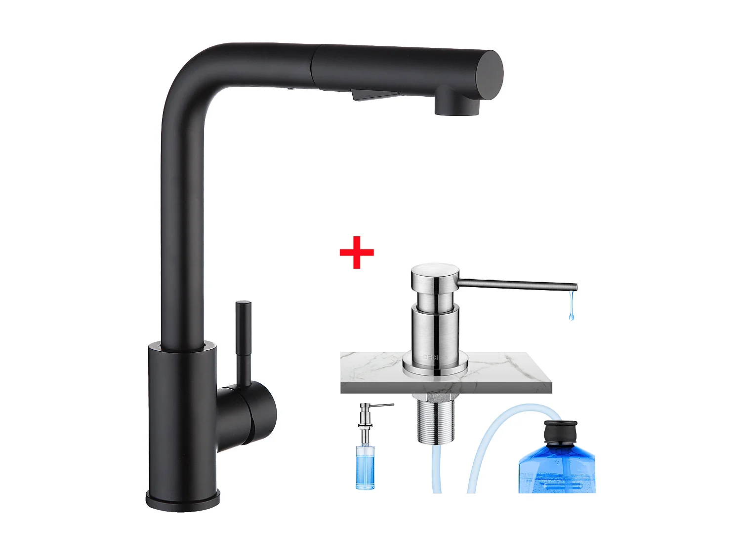 Cecipa max Mitigeur de Cuisine Noir avec Douchette Extractible + Distributeur de Savon de Cuisine Brossée