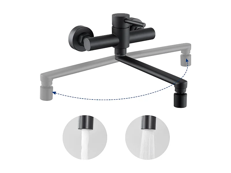 Cecipa max Mezclador de cocina de pared, Grifo para fregadero de pared con 2 chorros, Mezclador de cocina giratorio 360° negro Grifos para fregadero, Modelo UE