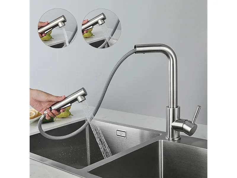 CECIPA MAX Mitigeur Cuisine avec Douchette Extractible Robinet Cuisine 360 Rotatif avec 2 Jets aux Choix Robinetterie en Acier Brossé Haute Qualité