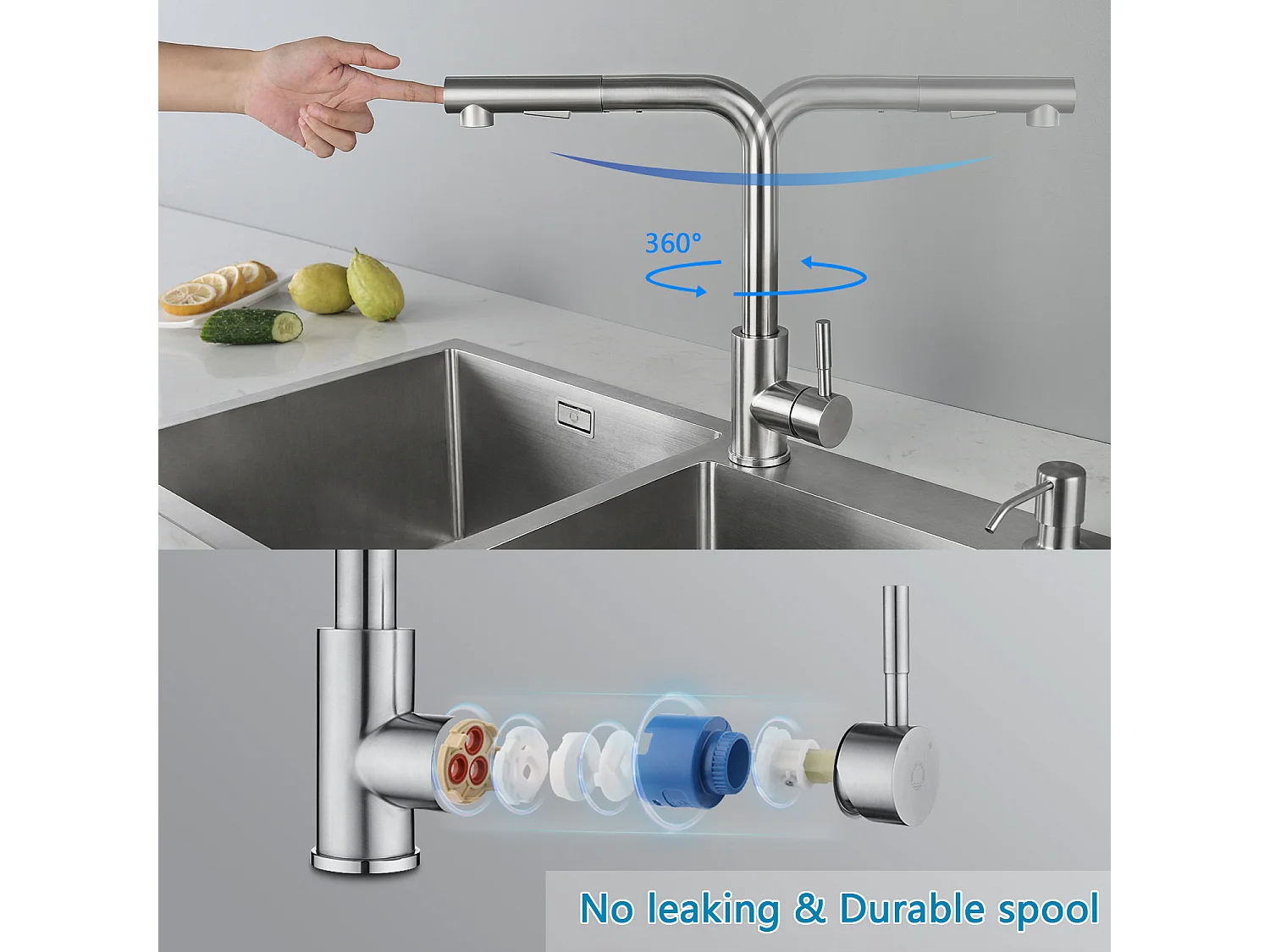 CECIPA MAX Mitigeur Cuisine avec Douchette Extractible Robinet Cuisine 360 Rotatif avec 2 Jets aux Choix Robinetterie en Acier Brossé Haute Qualité