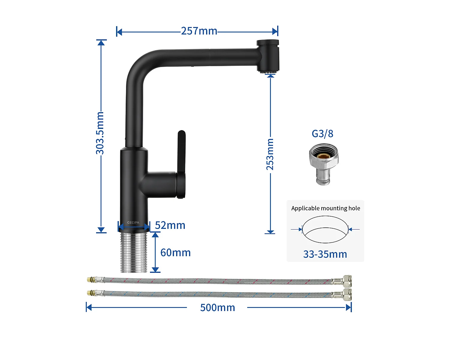 Cecipa max Mitigeur de Cuisine avec Douchette Extractible, Robinet d'évier Noir, Robinet d'eau Chaude et Froide, 2 Modes de Sortie D'eau,EU Modèle