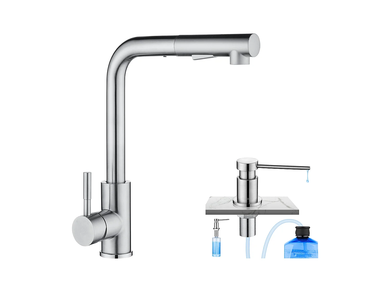 Cecipa max Mitigeur Cuisine avec Douchette Extractible Robinet Cuisine 360 Rotatif + Distributeur de Savon de Cuisine Brossée