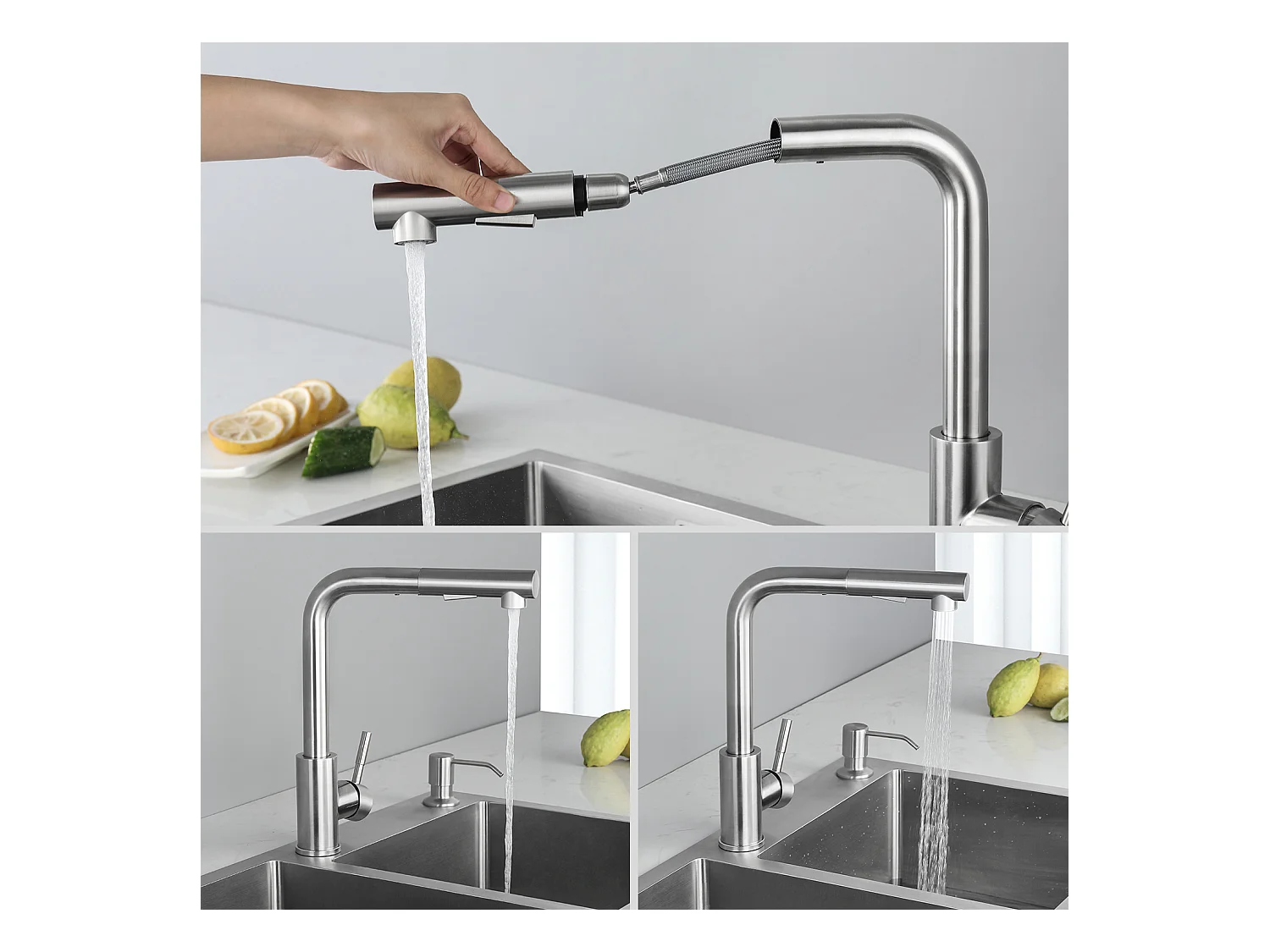 Cecipa max Miscelatore Cucina con Doccia Estraibile Rubinetto Cucina Girevole a 360° + Dispenser Sapone Cucina Spazzolato