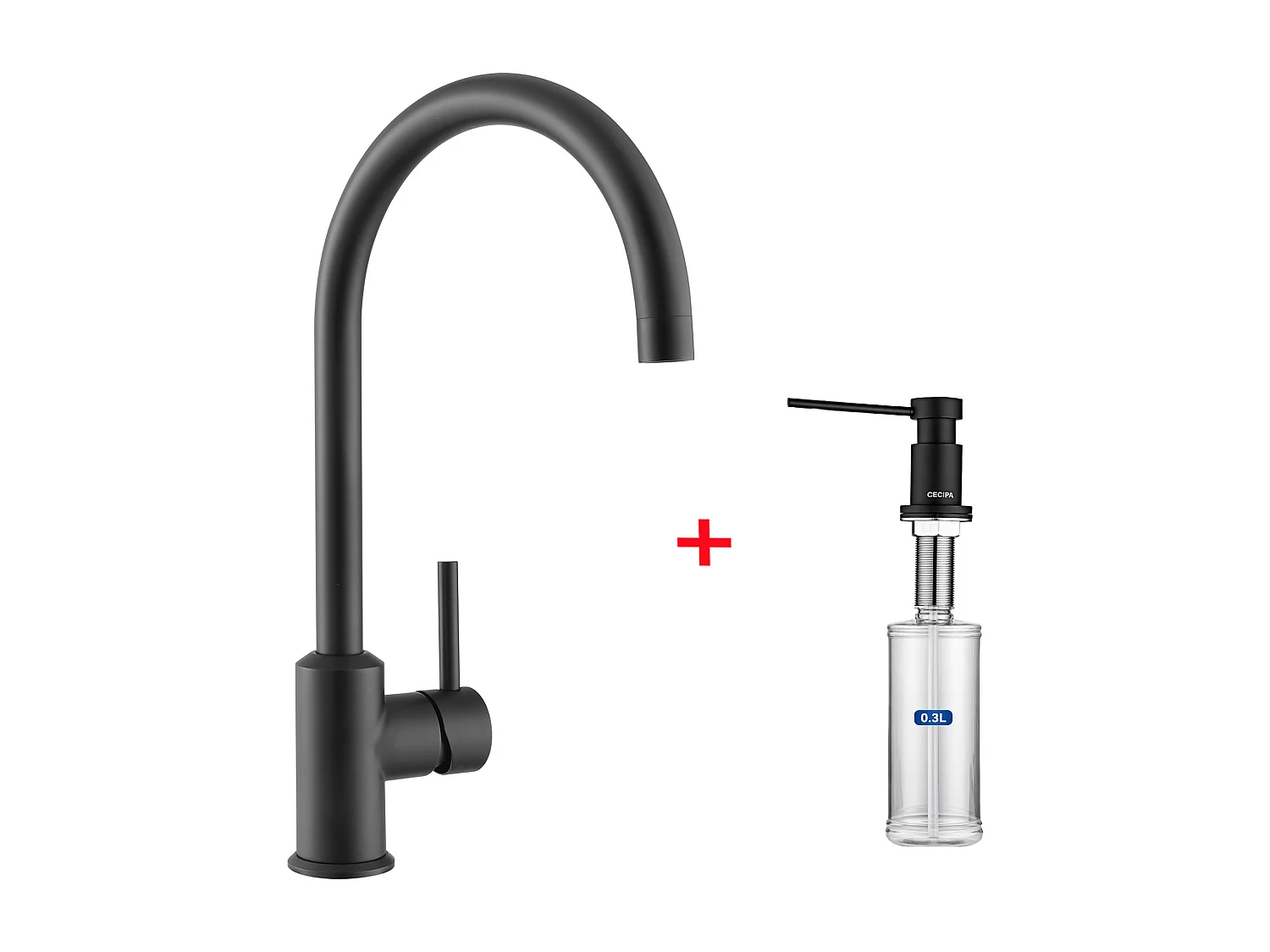 Cecipa max Mitigeur de Cuisine, Robinetterie Noir en Acier Inox, Robinet de Cuisine Monocommande + Distributeur de Savon de Cuisine Noir