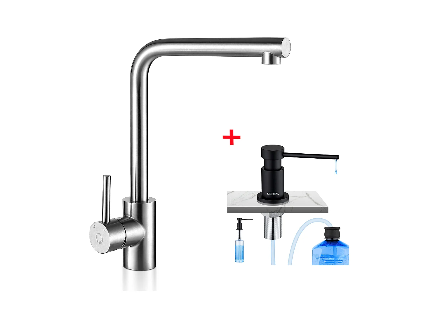 Cecipa max Robinet de cuisine Mitigeur de cuisine en acier inoxydable Mélangeur d'évier Cuisine + Distributeur de Savon de Cuisine Noir