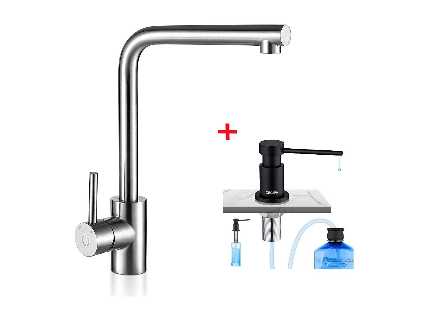 Cecipa max Robinet de cuisine Mitigeur de cuisine en acier inoxydable Mélangeur d'évier Cuisine + Distributeur de Savon de Cuisine Noir