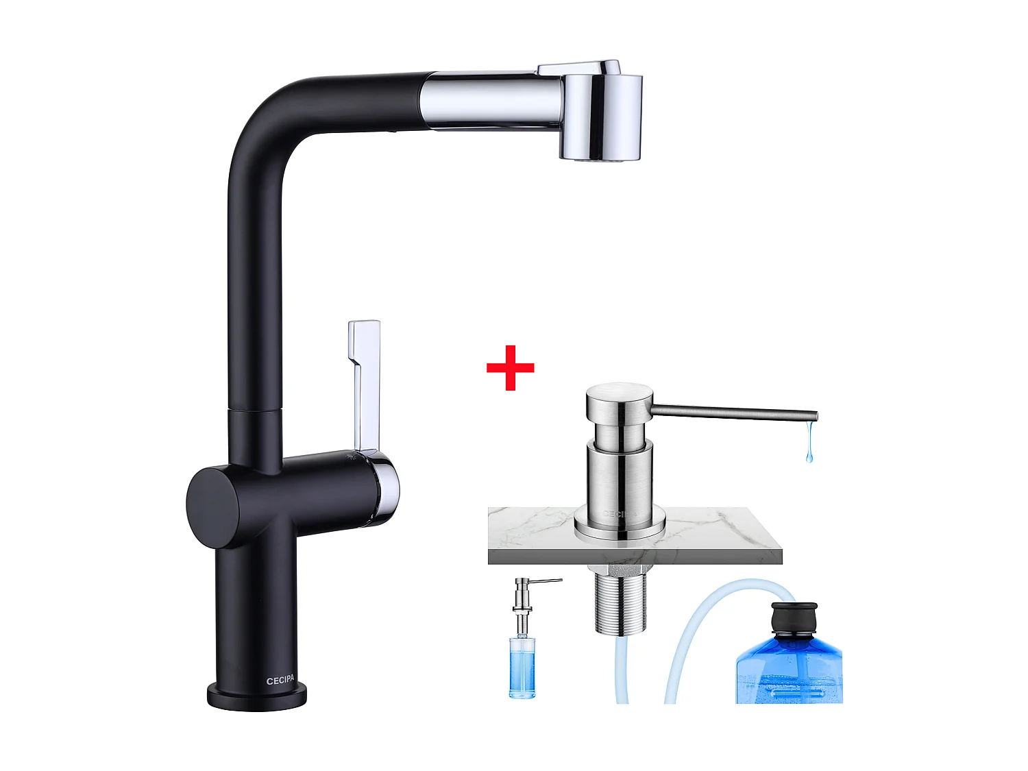 Cecipa max Mitigeur de Cuisine Robinet de Evier Extractible Noir/Galvanique + Distributeur de Savon pour Evier de Cuisine Brossée
