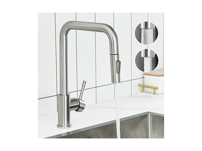 Cecipa max Gebürsteter Küchenhahn, ausziehbarer Sprüher, Spültisch-Mischbatterie mit 2 Wasserauslassmodi, EU-Modell