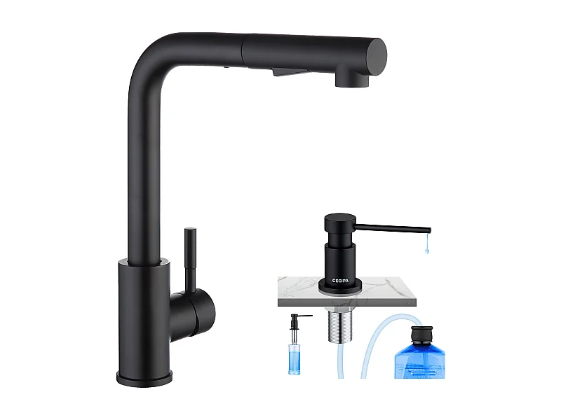 Cecipa max Mezclador de Cocina Negro con Ducha Extraíble + Dispensador de Jabón de Cocina Negro