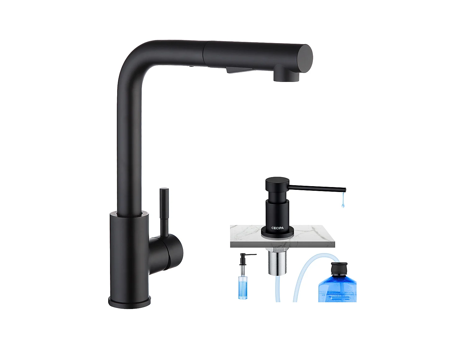 Cecipa max Mezclador de Cocina Negro con Ducha Extraíble + Dispensador de Jabón de Cocina Negro