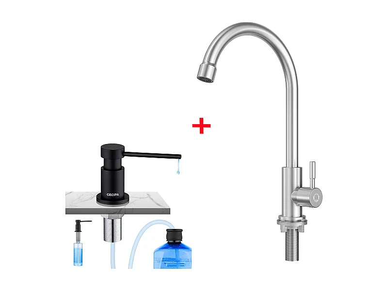 Cecipa max Keukenkraan - Keukenkraan met koud water - Geborsteld roestvrij staal + zwarte keukenzeepdispenser