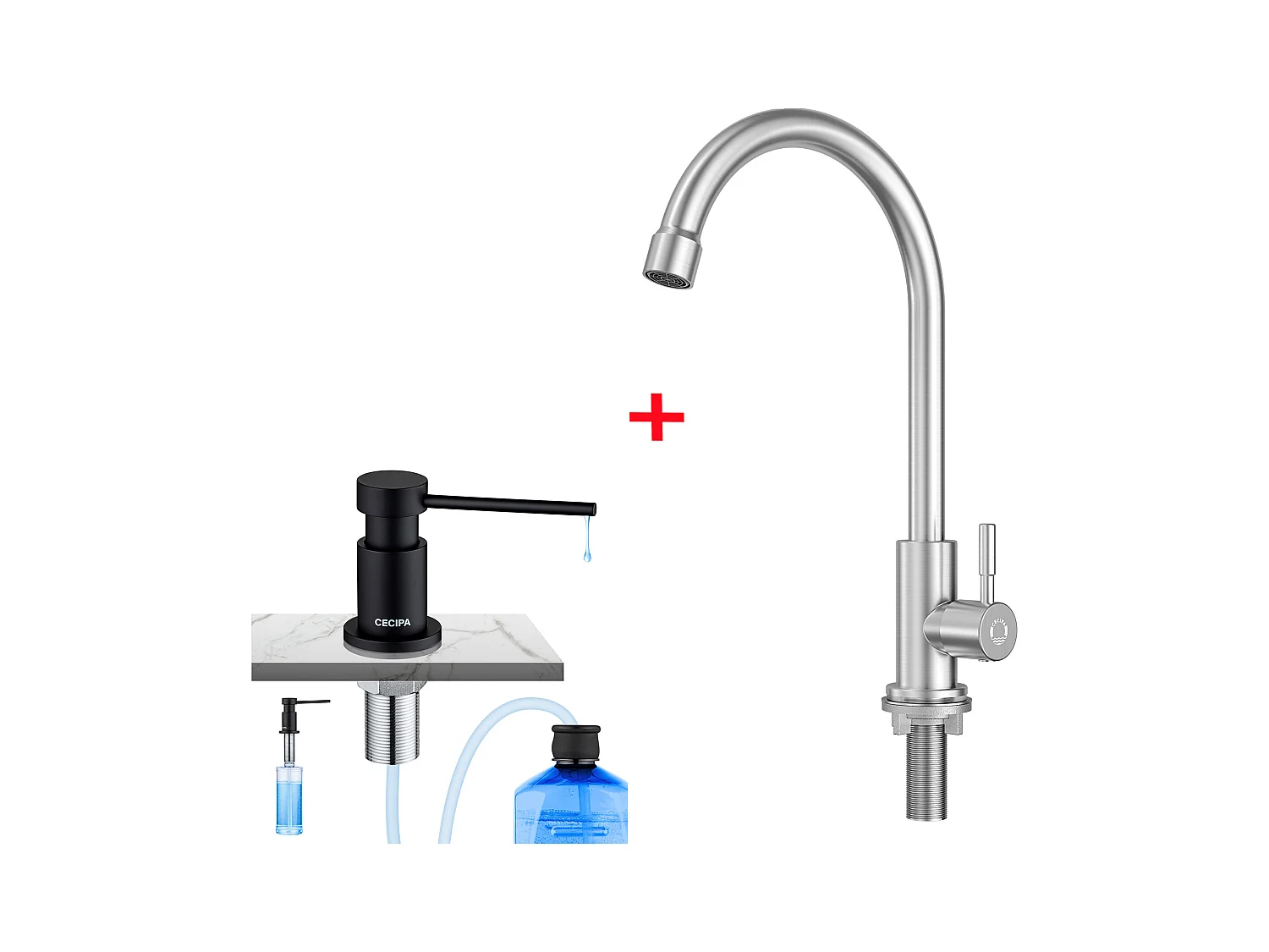 Cecipa max Robinet de Cuisine - Robinet d'évier de Cuisine à eau froide - Acier Inoxydable Brossé + Distributeur de Savon de Cuisine Noir