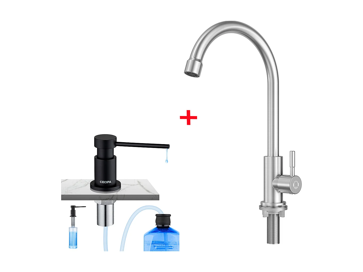 Cecipa max Robinet de Cuisine - Robinet d'évier de Cuisine à eau froide - Acier Inoxydable Brossé + Distributeur de Savon de Cuisine Noir