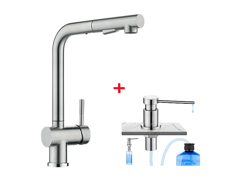 Cecipa max Robinet Cuisine avec Douchette Mitigeur Douchette d'évier Extractible, Pivotant à 360° + Distributeur de Savon de Cuisine Brossée