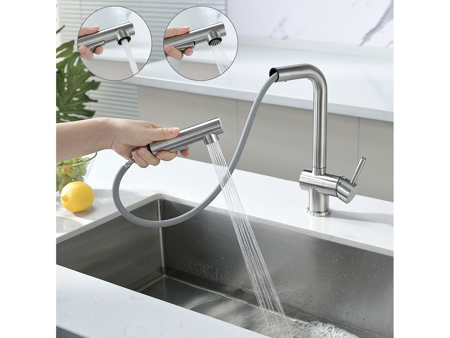 Cecipa max Grifo de cocina con rociador mezclador, rociador extraíble para fregadero, giratorio 360° + dispensador de jabón de cocina cepillado