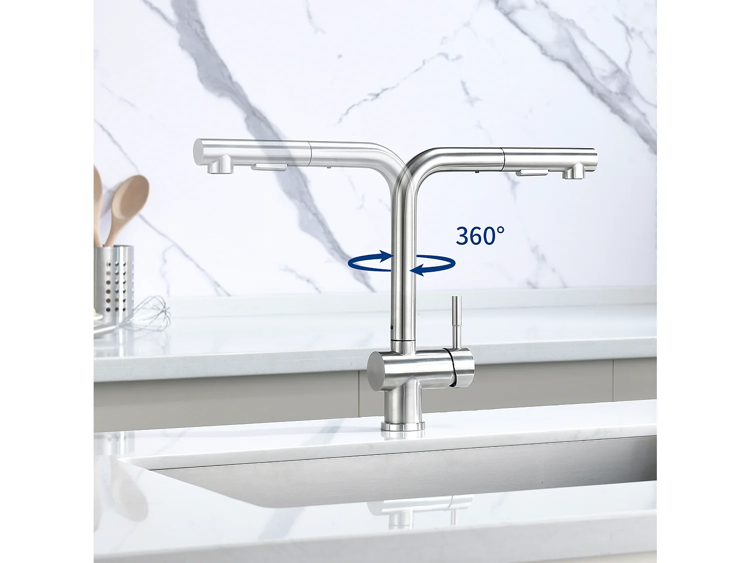 Cecipa max Grifo de cocina con rociador mezclador, rociador extraíble para fregadero, giratorio 360° + dispensador de jabón de cocina cepillado